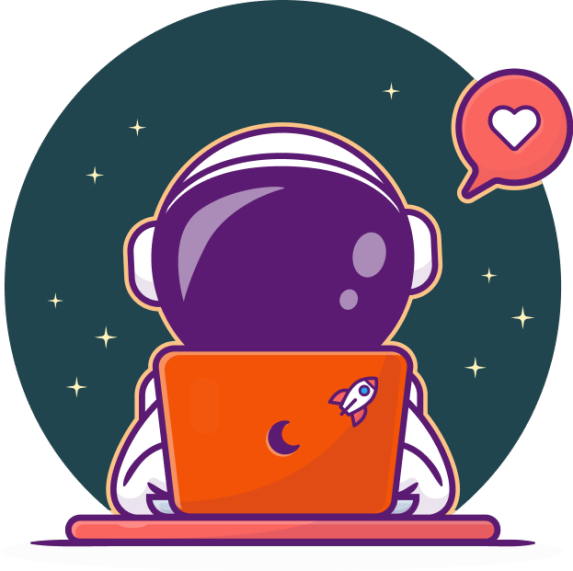Temponaut with a heart chat bubble to its upper right in front of an orange laptop with a rocket sticker in its upper right on a dark-green circular background with stars